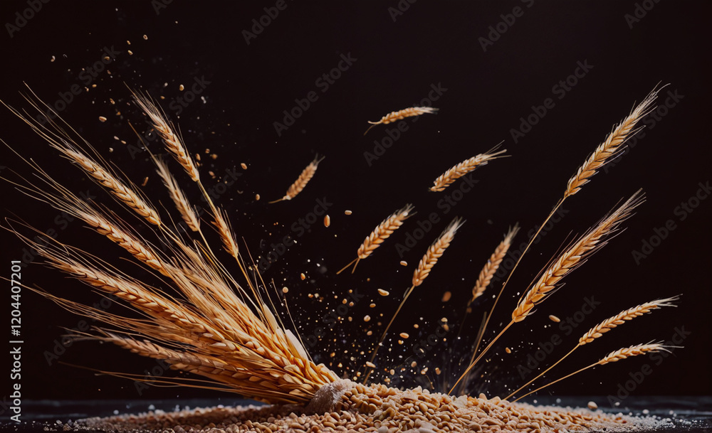 Poster a bunch of wheat is flying through the air. concept of chaos and movement, as the wheat is scattered