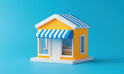 Colorful miniature shop model with striped awning and bright yellow walls, showcasing a vibrant storefront against a blue background