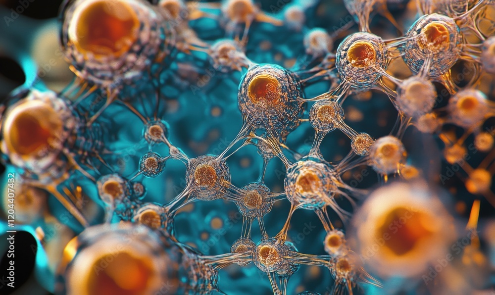 Poster molecular structure visualization with interconnected cells and vibrant colors