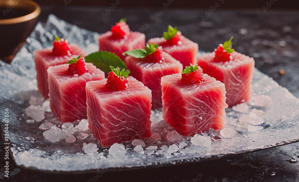 Aufkleber a plate of sushi with a garnish of red berries and green leaves. the plate is on a table with a bowl