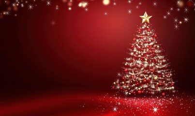 Christmas tree adorned with golden star, red ornaments, sparkling lights, and festive decorations against a rich red background