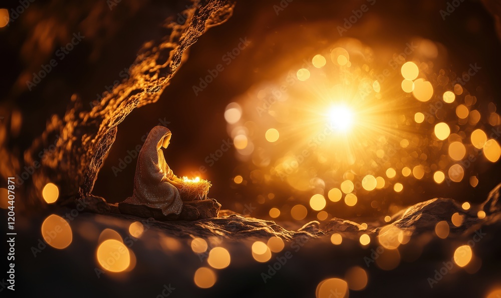 Poster serene figure meditating in cave illuminated by warm golden light, surrounded by sparkling bokeh eff