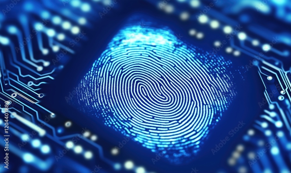 Poster fingerprint embedded in microchip circuitry, symbolizing biometric security and technology integrati