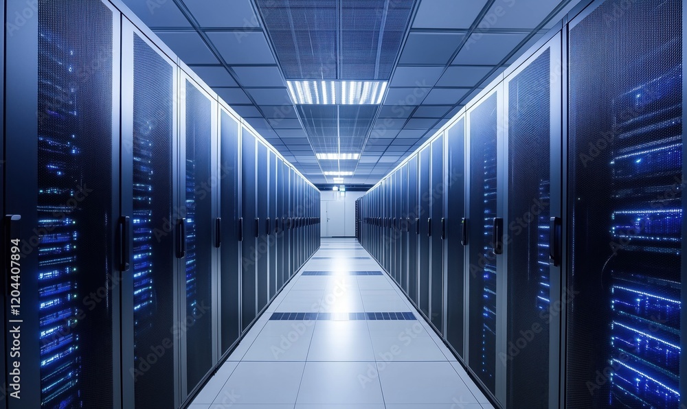 Poster data center corridor with rows of server racks illuminated by blue lights, showcasing advanced techn