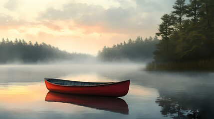 Red rowboat on foggy lake at sunrise. Mystic Lake. Illustration