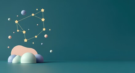 Abstract scene with constellation, geometric shapes, and pastel colors