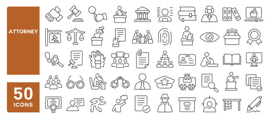 Set of 50 line icons related to attorney, lawyer, law, legal, document, scales, security, defense, investigation, protection, justice, judge, Editable stroke. Vector illustration