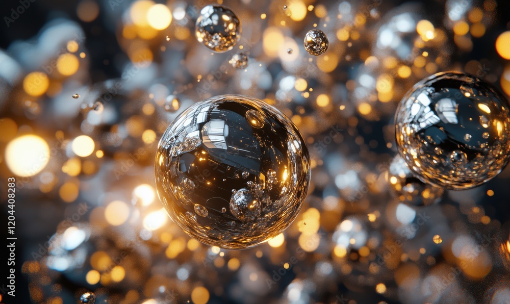 Poster shimmering metallic spheres floating in a vibrant bokeh background with golden and silver reflection