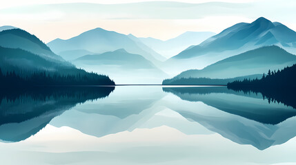 Serene mountain lake shrouded in mist, reflecting tranquil landscape. ideal for travel, nature, and calmness themes. Mystic Lake. Illustration