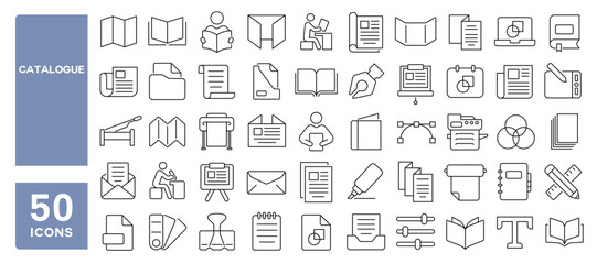 Set of 50 line icons related to catalogue, flyer, brochure, leaflet, booklet, menu, print, paper, envelope, banner, magazine, Editable stroke. Vector illustration