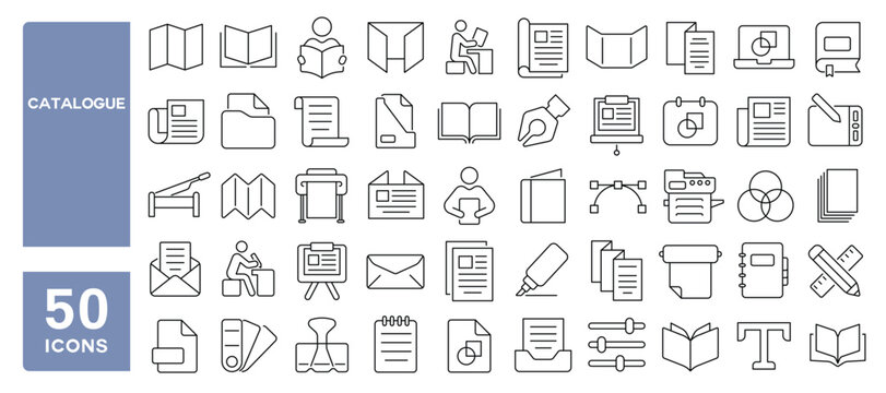 Set of 50 line icons related to catalogue, flyer, brochure, leaflet, booklet, menu, print, paper, envelope, banner, magazine, Editable stroke. Vector illustration