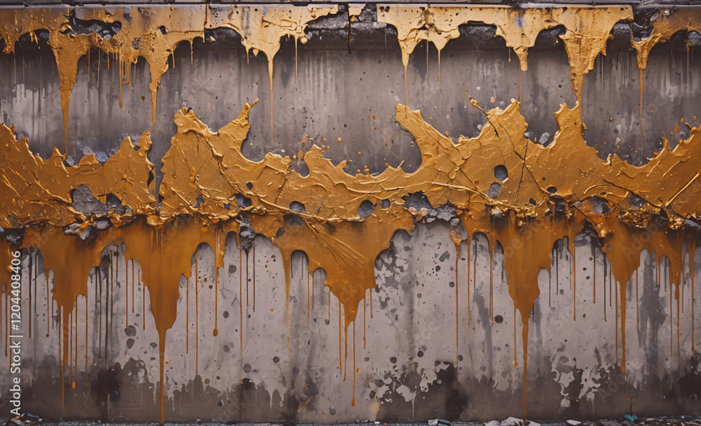 Leinwandbilder a wall with a gold paint line running down it. the paint appears to be dripping and splattering, cre