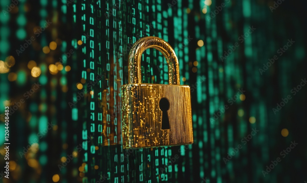Poster digital security lock against binary code background, symbolizing cybersecurity and data protection