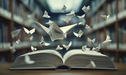 Origami paper cranes flying above open book in library, symbolizing creativity and imagination