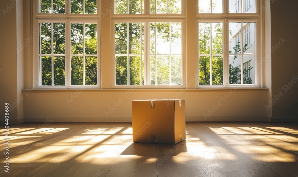 Poster sunlit room with empty cardboard box surrounded by large windows and natural light
