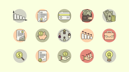 This image features 15 finance-themed icons within colored circular backdrops, representing concepts like growth charts, contracts, credit cards, cash, piggy banks, bar graphs, briefcases, and light b