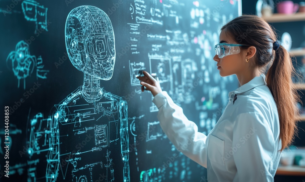 Poster futuristic scientist illustrating robotic design on digital chalkboard, showcasing advanced technolo