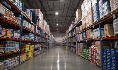 Fototapeta premium Warehouse Aisle Filled with Various Products and Supplies, Organized Shelves, Bright Lighting, Industrial Setting