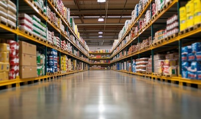 Warehouse aisle filled with neatly organized shelves of various products including canned goods, boxes, and cleaning supplies