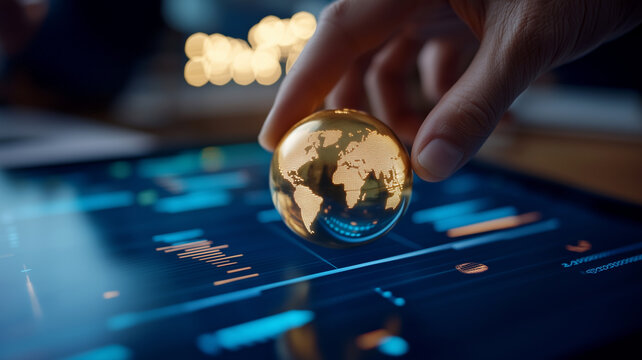 A futuristic representation of global data and analytics, combining technology and world connectivity.
