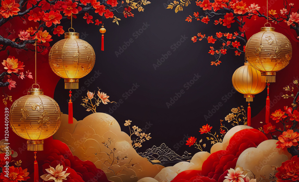 Poster A beautiful red and gold lantern display with a black background. The lanterns are hanging from the ceiling and are illuminated, creating a warm and inviting atmosphere. The display is reminiscent of