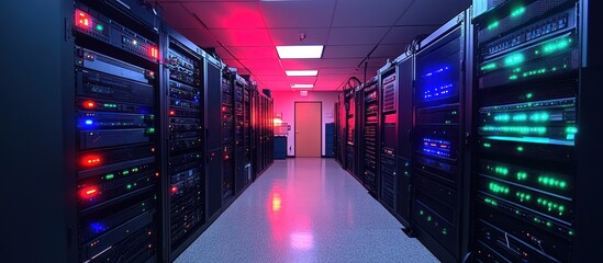 Illuminated server room with rows of rack mounted network hardware.