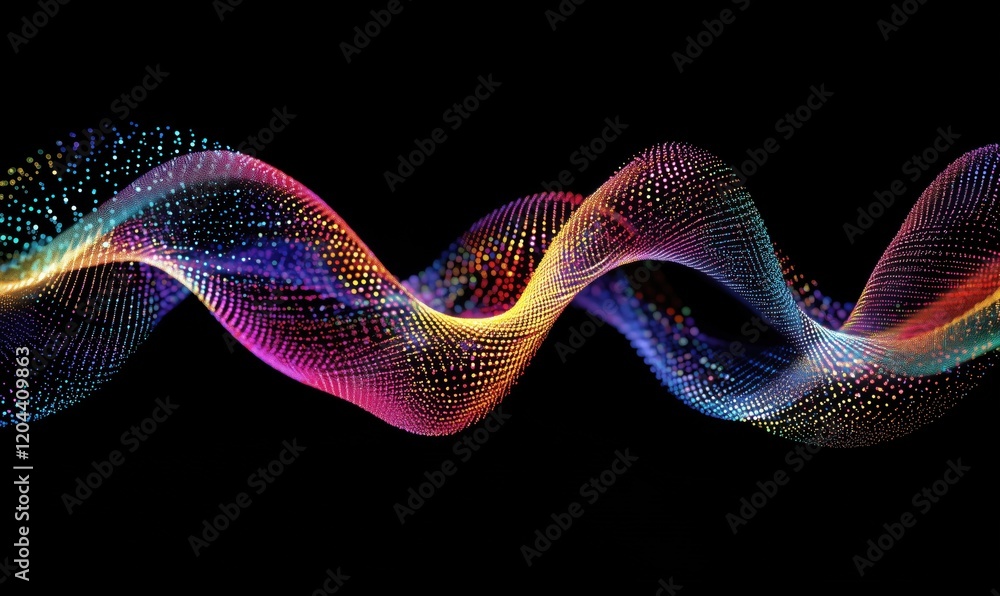Poster colorful abstract wave of particles representing sound or data visualization, showcasing vibrant hue