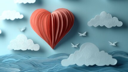 Heart Shape Decoration in a Blue Sky Background with Clouds and Waves
