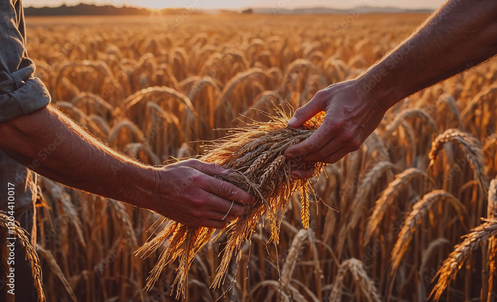 Poster two people are holding a bunch of wheat in a field. the wheat is golden and the field is full of it