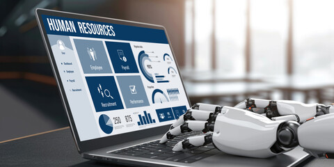 Human resources management software on computer screen helping human resources employee to manage recruitment, payroll, staff searching and KPI evaluation brisk