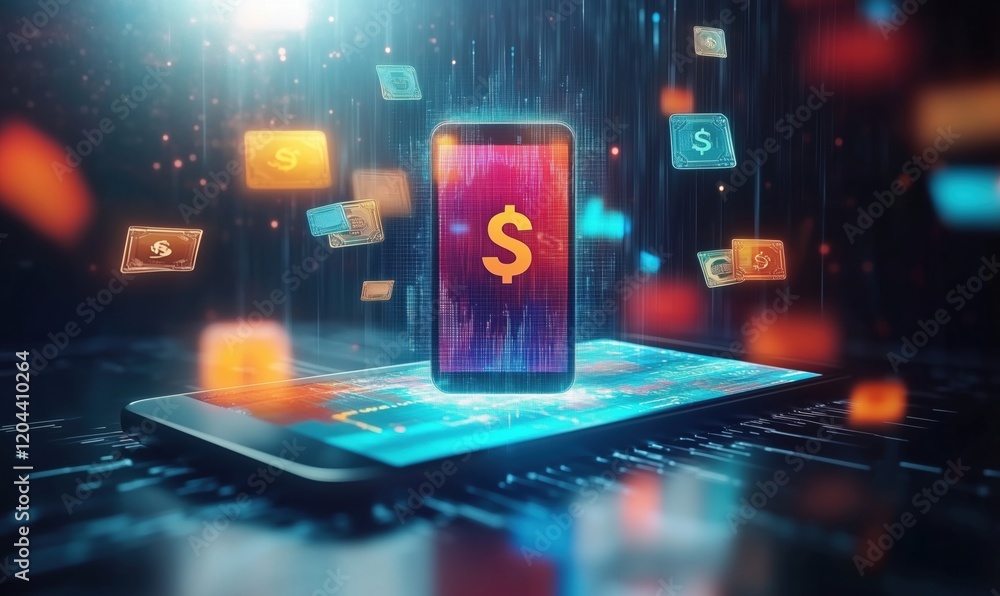 Poster digital currency transactions visualized with smartphone displaying dollar symbol, floating money gr