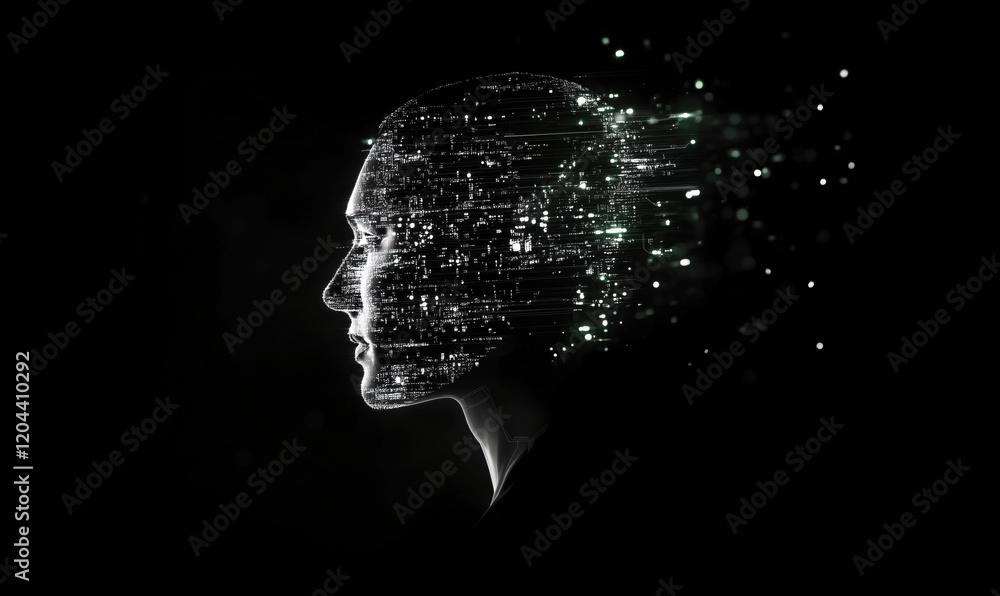 Poster digital human silhouette with data streams and particles representing artificial intelligence and te