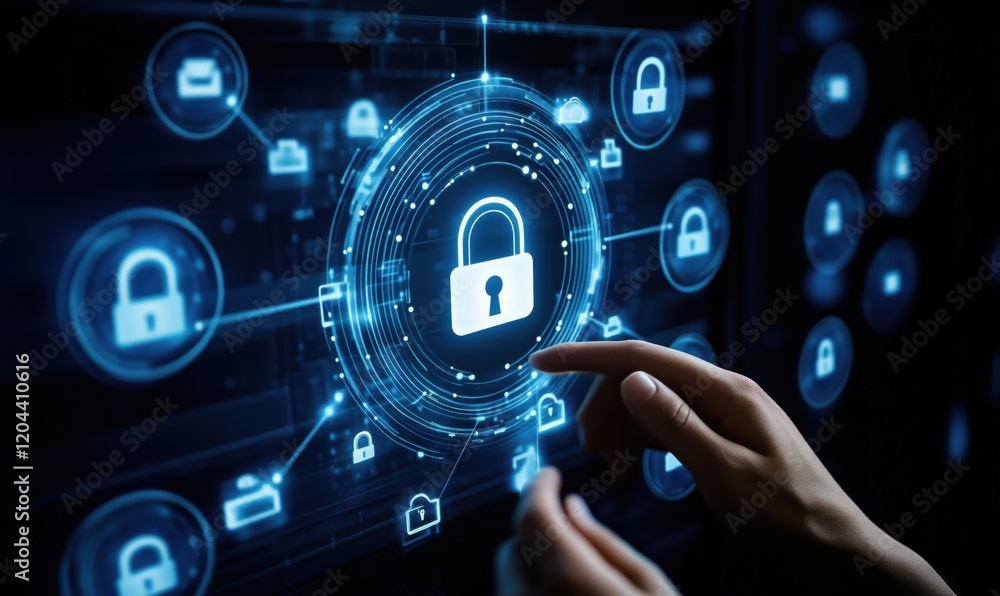 Poster digital security interface with lock symbol, futuristic technology, cybersecurity concept, user inte