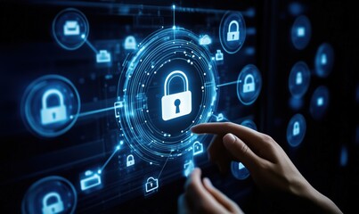 Digital security interface with lock symbol, futuristic technology, cybersecurity concept, user interaction, data protection, privacy, secure access, modern design