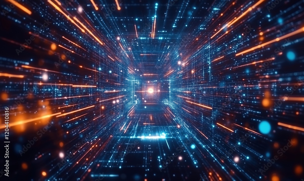 Aufkleber futuristic digital tunnel with glowing particles and light streaks, representing data flow and techn