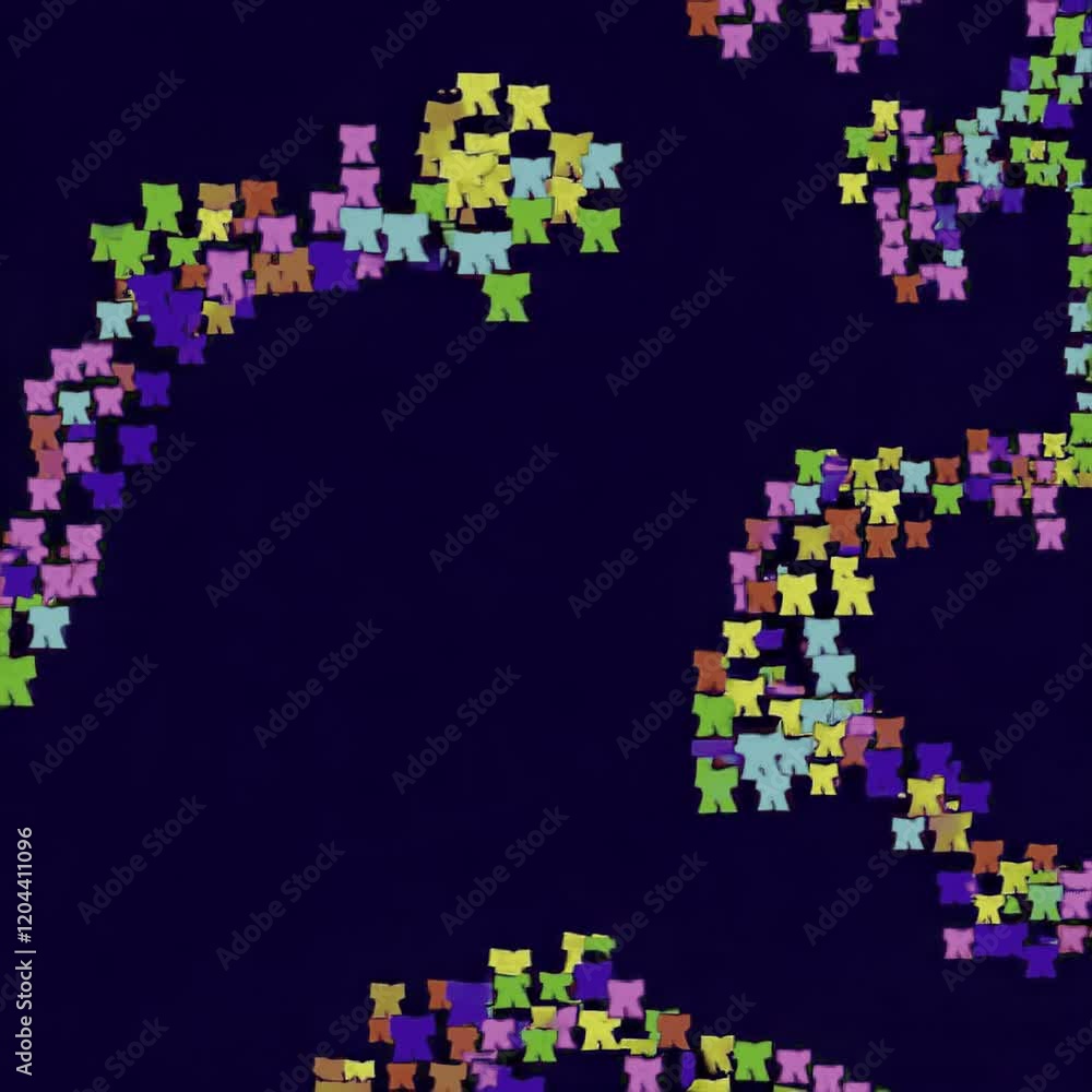 Poster colorful, abstract arrangement of puzzle pieces scattered across a dark background. the pieces are i