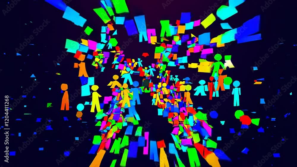 Poster colorful abstract figures in dynamic movement, scattered across a dark background