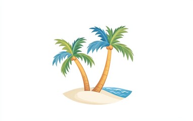 Obraz premium Minimalistic tropical beach setting with two palm trees, sandy shore, and a clear blue sky, symbolizing tranquility, simplicity, and exotic escape in a serene digital design