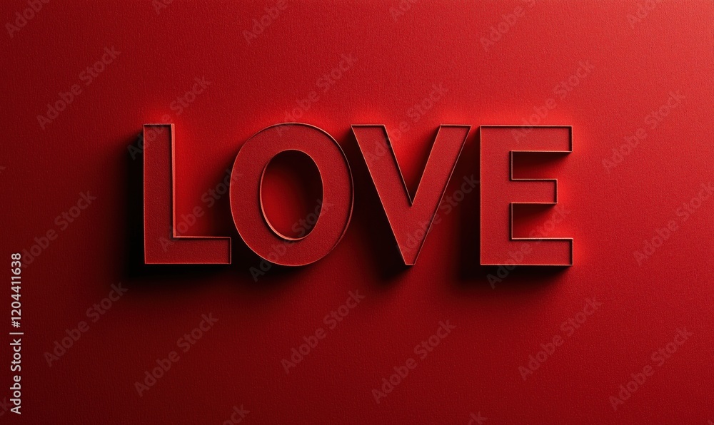 Poster love text in bold red color with shadow effect on textured red background, symbolizing passion and a