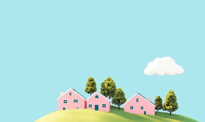 Naklejka premium Colorful houses on green hill with blue sky and fluffy cloud, whimsical landscape design, cheerful and inviting atmosphere
