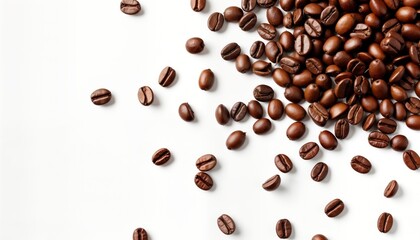 Naklejka premium Roasted coffee beans scattered on white background. Closeup view of falling coffee beans. Coffee beans various shades of brown. Image shows texture of coffee beans. Coffee beans represent energy,