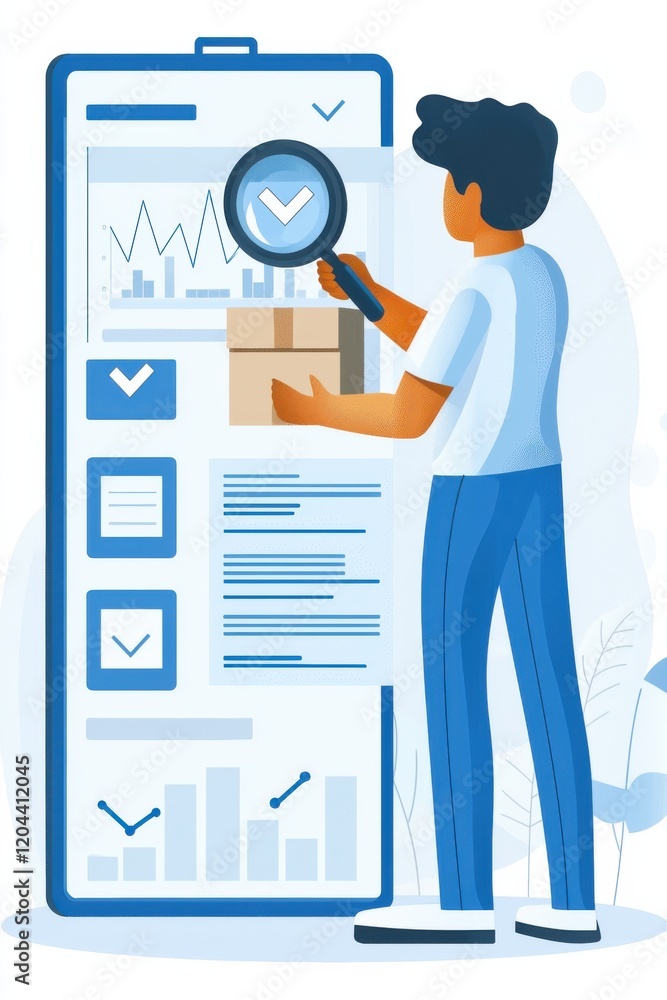 Poster illustration of business data analysis featuring a worker interacting with a dashboard