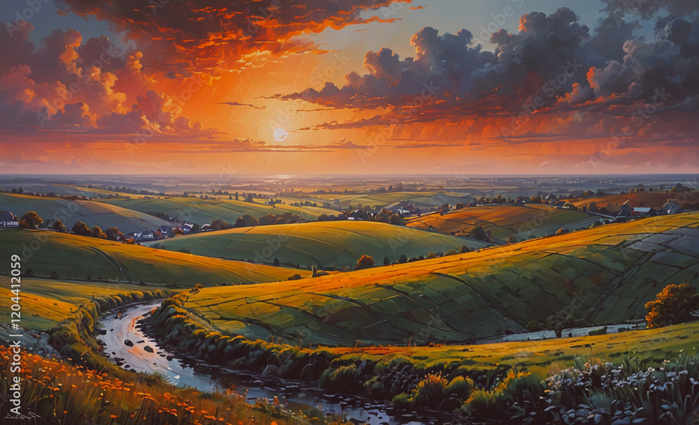 Poster a beautiful landscape with a river running through it and a sunset in the background. the sky is fil