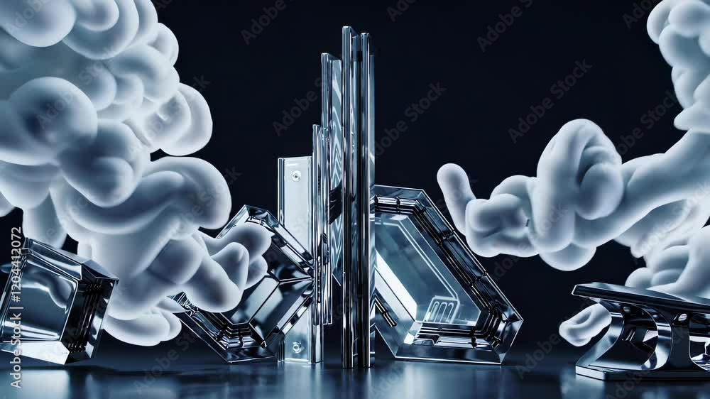 Poster dynamic glass shapes surrounded by swirling white smoke. the transparent forms catch light, creating