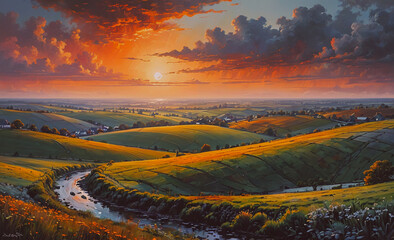 A beautiful landscape with a river running through it and a sunset in the background. The sky is filled with clouds, giving the scene a serene and peaceful atmosphere
