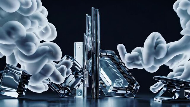 Dynamic glass shapes surrounded by swirling white smoke. The transparent forms catch light, creating an abstract, futuristic atmosphere with a smooth, flowing motion