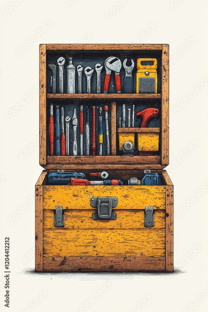 Aufkleber wooden toolbox open showing assorted hand tools for various mechanical tasks