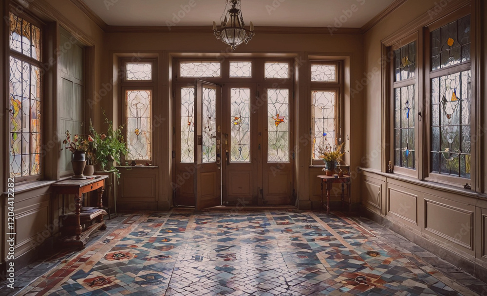 Aufkleber a large room with a stained glass window and a wooden door. the room is empty and has a very old and