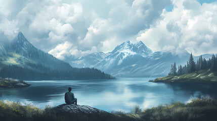 Contemplative man gazing at majestic mountains serene lake setting nature photography tranquil environment. Mystic Lake. Illustration