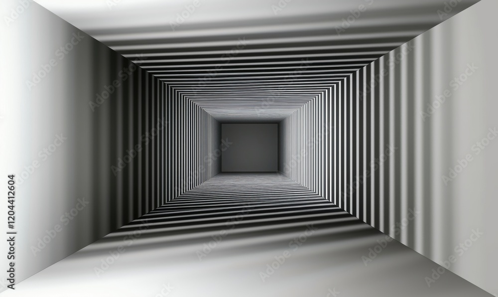 Poster geometric perspective of a tunnel with striped patterns and gradients in shades of gray
